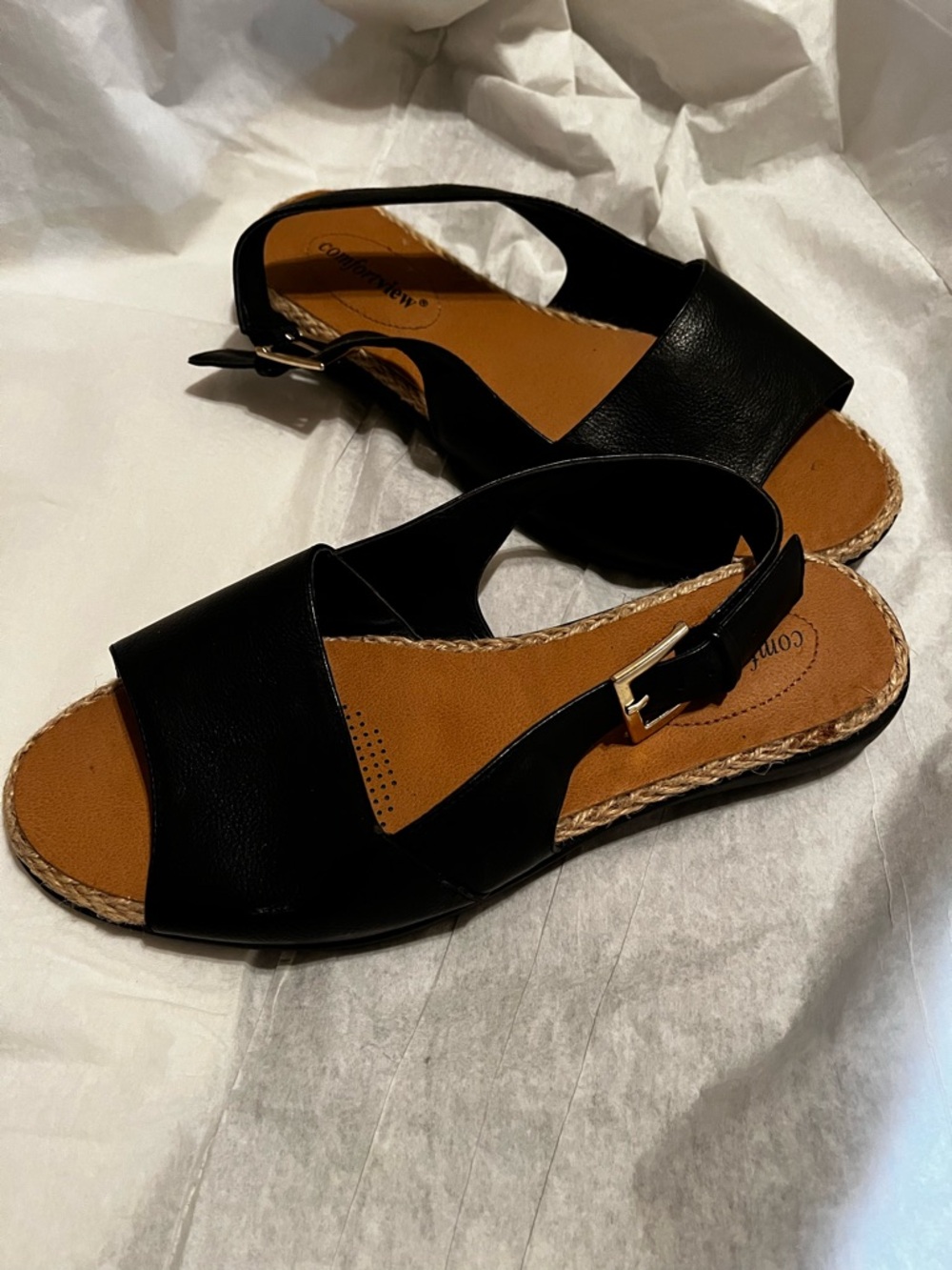 COMFORTVIEW BLACK SLINGBACK SANDALS WITH JUTE TRIM SIZE 8